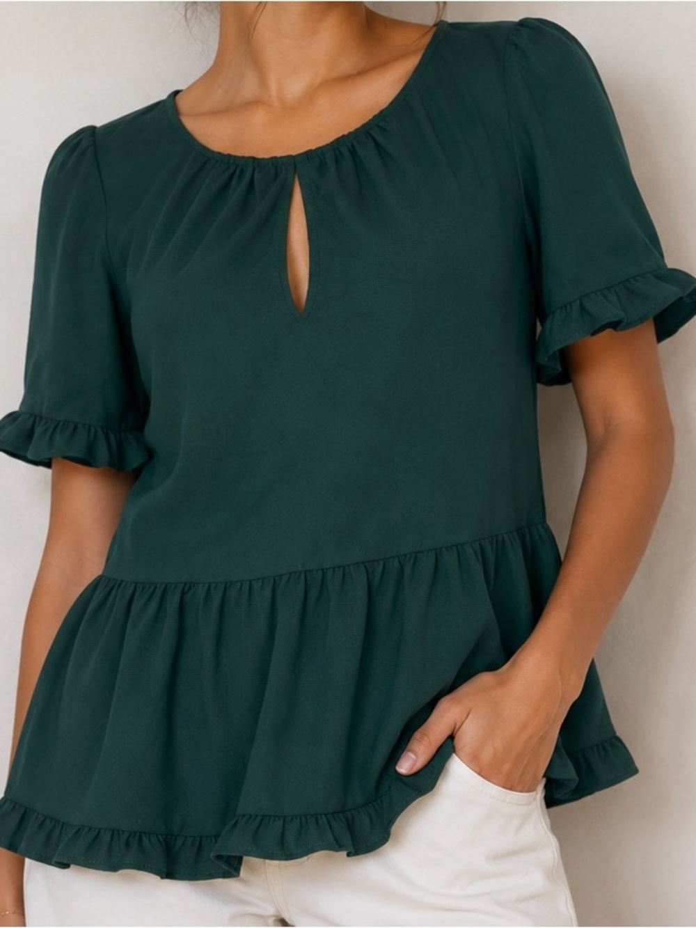 Madewell Dark Green Peplum Blouse XS ruffle sleeve keyhole tiered hem